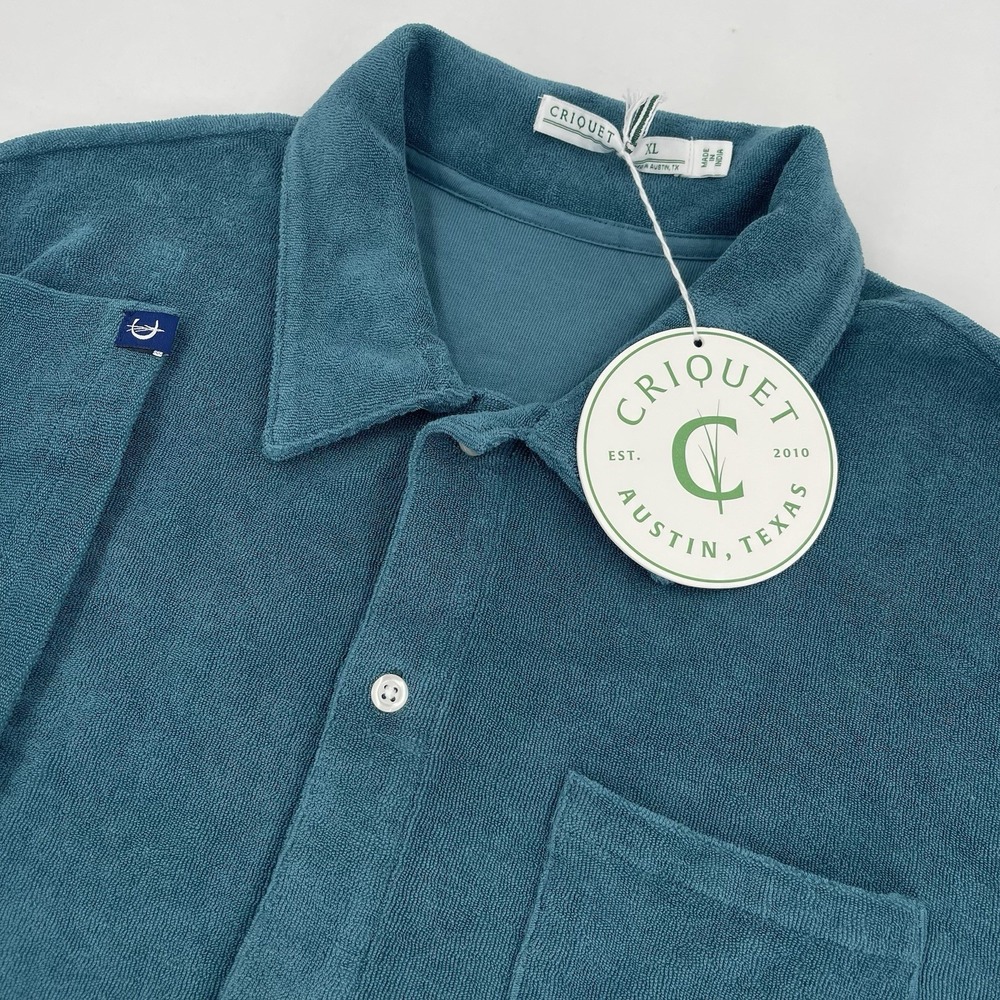 Criquet Terry Cloth Button Down Shirt Mens XL Green Collared Short Sleeve NWT